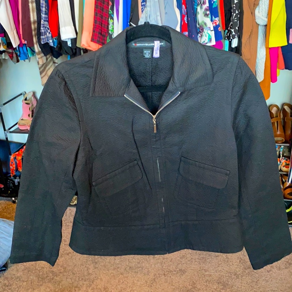 Black zip up moto jacket.